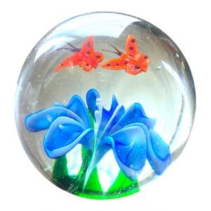 Vintage Art Glass Paperweight Blue Lily Flower Red Butterflies Dome Shape 3”